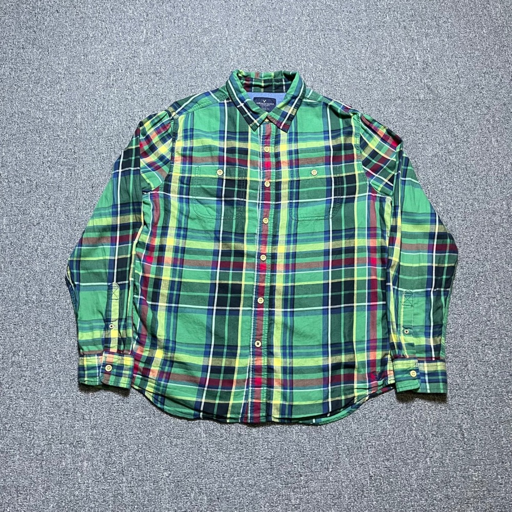 American Eagle Plaid Button Down Shirt Size‎ L Green Classic Fit Long Sleeve